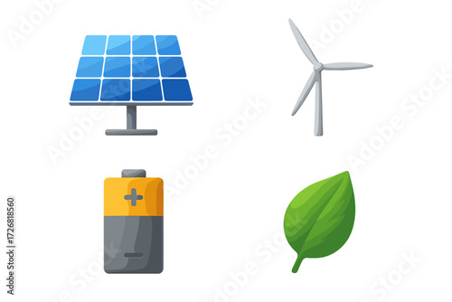 Sustainable energy sources featuring solar panels, wind turbines, batteries, and green leaves for a better future
