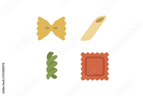 Different types of pasta including bowtie, penne, fusilli, and ravioli displayed in a simple design