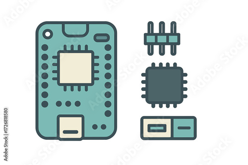 Detailed view of electronic circuit components for technology enthusiasts and hobbyists in a simplistic art style