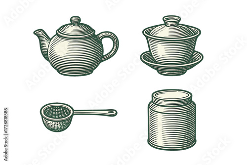 Vintage kitchen utensils displayed in detailed sketches on a white background showcasing various tea serving items