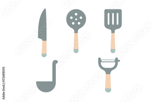 Various kitchen utensils including knife, slotted spoon, spatula, ladle, and vegetable peeler designed with minimalistic style