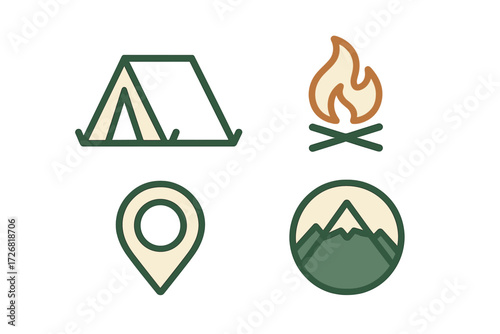 Camping symbols illustrating outdoor activities like tent setup, campfire cooking, and mountain exploration in nature