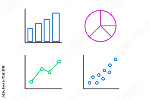 Different types of data visualizations and graphs used for analysis and presentation in business or academic settings