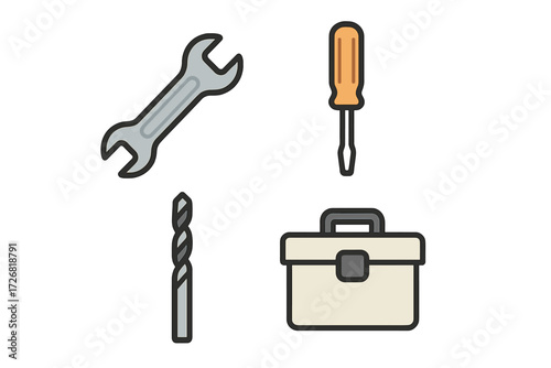 Tools arranged neatly on a surface, including a wrench, screwdriver, drill bit, and toolbox, ideal for repair and maintenance tasks