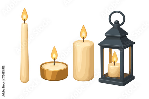 Collection of various candles in different shapes and sizes illuminated in a cozy setting