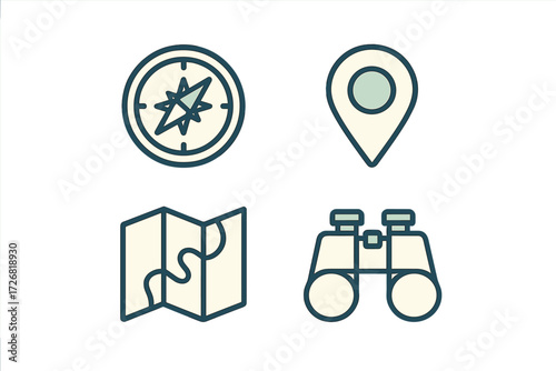 Exploring navigation tools with compass, map, binoculars, and location marker symbols