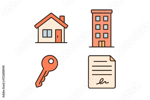 Illustration showing symbols of home ownership including a house, apartment building, key, and contract