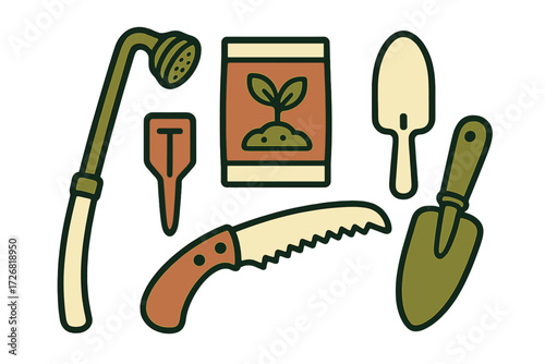 Gardening tools and supplies arranged on white background showcasing essential items for planting and caring for plants