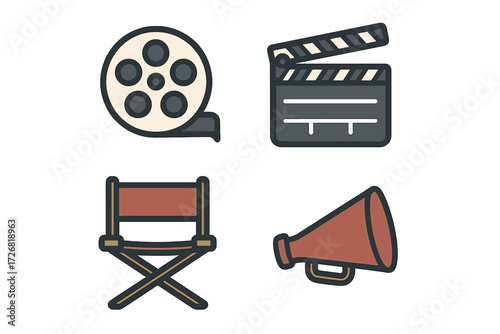 Film elements including a reel, clapperboard, director's chair, and megaphone represent cinema production and creativity
