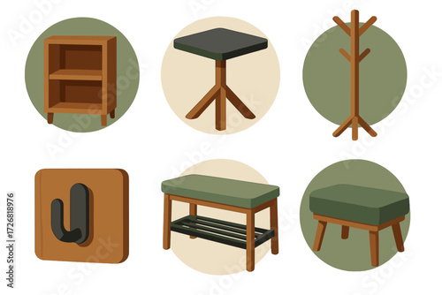 Collection of modern wooden furniture pieces arranged with stylish design elements for home decor inspiration