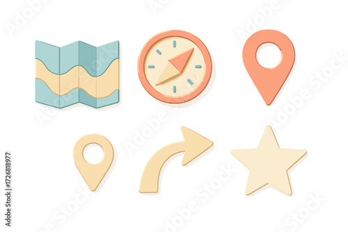 Colorful icons representing navigation, time, and location for digital use on a clean white background