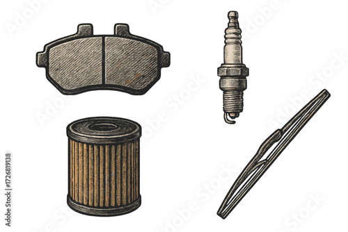 Collection of essential car parts including brake pads, spark plug, oil filter, and wiper blade displayed in a clear layout