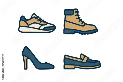 Variety of footwear designs including sneakers, boots, high heels, and loafers displayed on a clean background