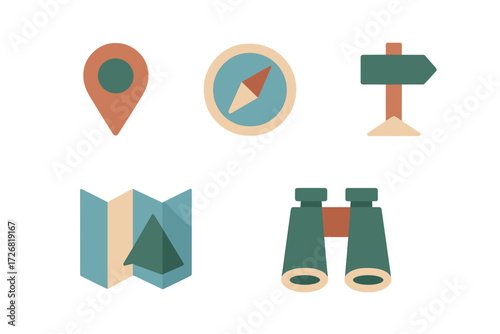 Exploring nature with compass, map, binoculars, and location pin icons for outdoor adventures and navigation tools