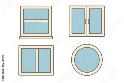 Different styles of windows displayed in a simple graphic design showing various shapes and functions