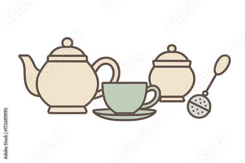 Teapot, tea cup, sugar bowl, and tea strainer displayed for an afternoon tea gathering in a cozy setting