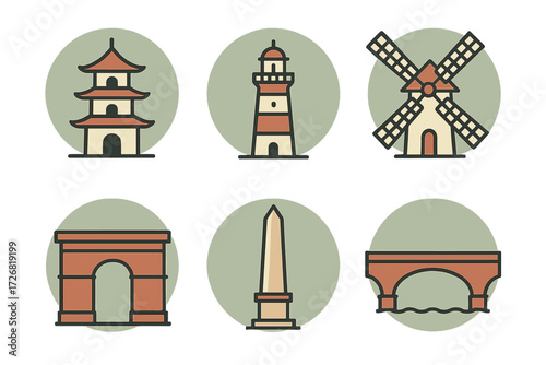 Various iconic structures including a pagoda, lighthouse, windmill, arch, obelisk, and bridge against simple backgrounds