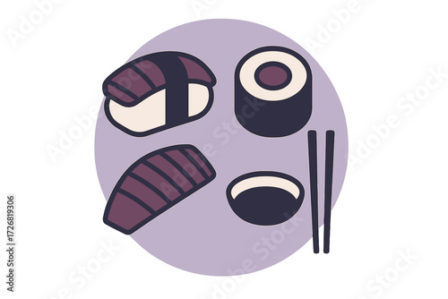 Popular sushi varieties displayed with chopsticks on a purple background highlighting Japanese cuisine