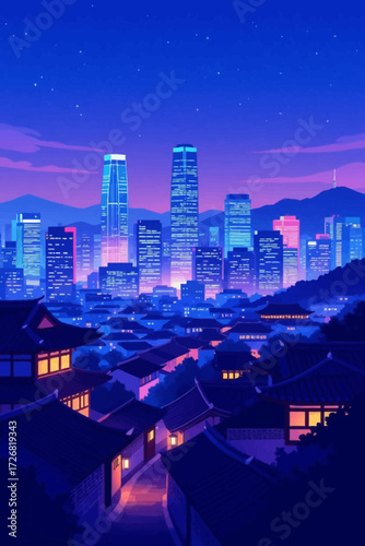 Stunning nighttime cityscape view with vibrant neon lights and traditional architecture creating a vibrant and modern urban scene under a starry sky