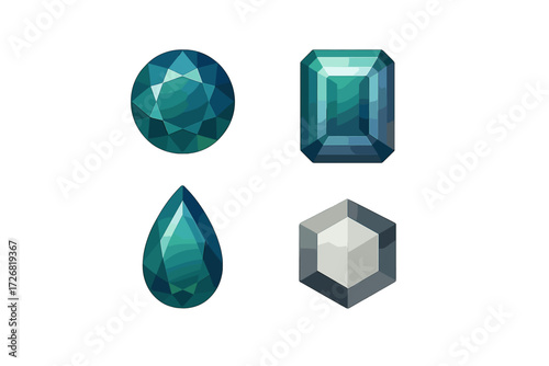 Various shapes and colors of gemstones in green and blue hues displayed in a clean layout