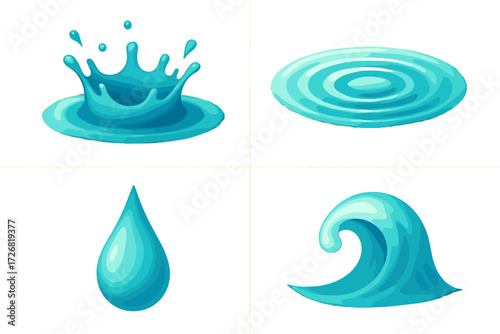 Water forms and movements from splash to wave in various shapes and colors
