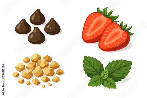 Chocolate chips, strawberries, crushed nuts, and mint leaves arranged in a colorful display for dessert preparation