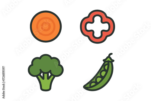 Colorful illustrations of vegetables in simple design show carrot, bell pepper, broccoli, and pea pod