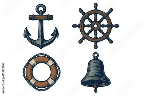 Nautical symbols including anchor, ship wheel, lifebuoy, and bell in a vintage style on a plain background