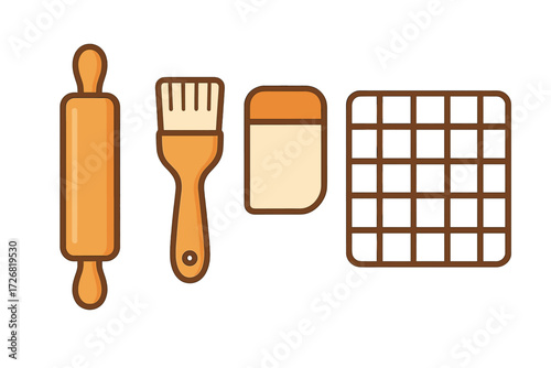 Baking tools including rolling pin, pastry brush, scraper, and baking mat arranged in a flat layout for easy access in the kitchen