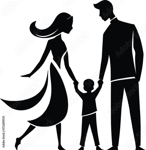 Family Silhouette: A harmonious family of three walking hand in hand, a timeless illustration capturing the essence of love, unity, and familial connection.