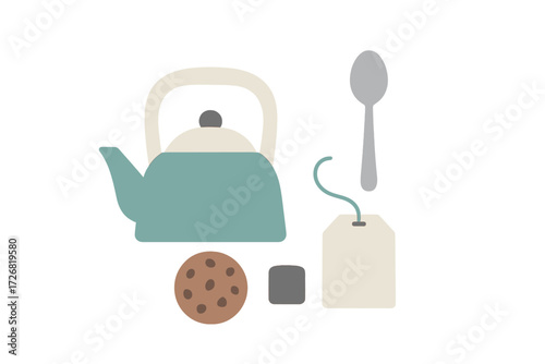 Tea time set up with kettle, cookie, spoon, and tea bag, perfect for a cozy afternoon snack