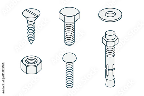 Different types of fasteners including screws, bolts, and nuts arranged in a simple design