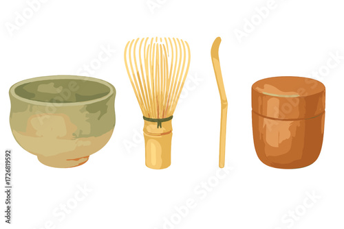 Traditional Japanese tea ceremony tools including a bowl, whisk, scoop, and container