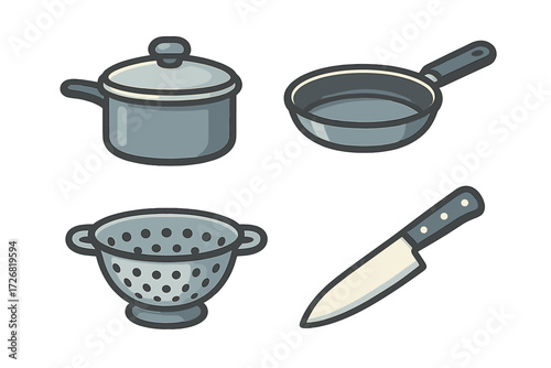 Kitchen utensils for cooking and preparing meals shown in a simple design on a white background