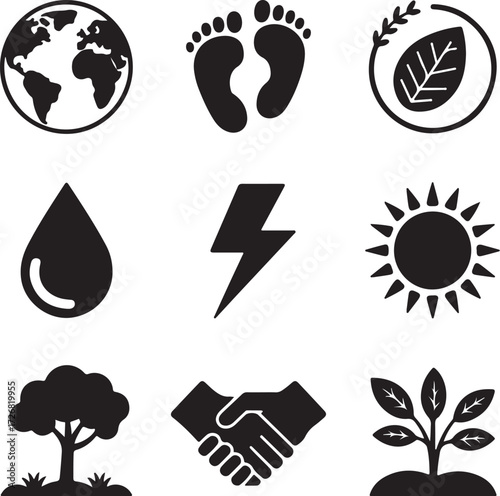 Eco icons: planet, footprints, leaf, water, energy, sun, tree