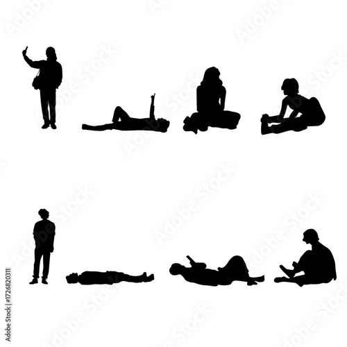 Vector pack of 8 black silhouettes of men and women in casual outdoor poses. Includes people standing, lying on the ground, taking selfies, sitting cross-legged, relaxing and stretching.