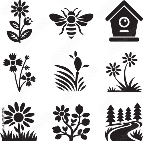 Nature icons flowers bee birdhouse path trees forest