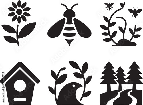 Nature's beauty icons: bees, trees, birdhouse, and flower.