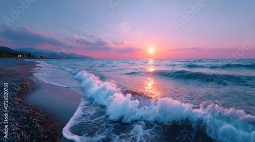 Dramatic Orange Sunset Reflections Over Gentle Ocean Waves on Pebble Beach Coastal Serenity with Cinematic Lighting and Soft Pink Sky in Evening