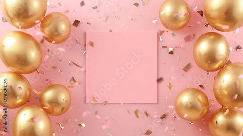 Gold balloons and confetti on pink festive backdrop