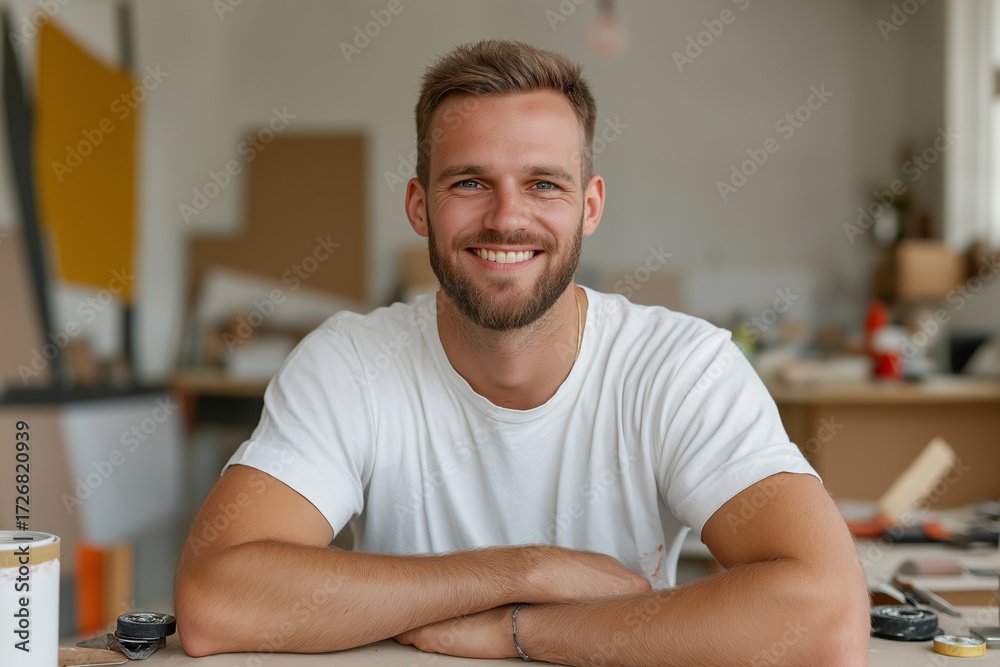 Fototapeta premium Smiling bearded man in a casual setting with a happy expression in a creative studio environment