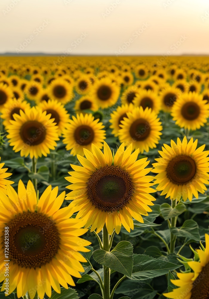 Obraz premium Sunflower Field with Bright Yellow Sunflowers Under Clear Sky