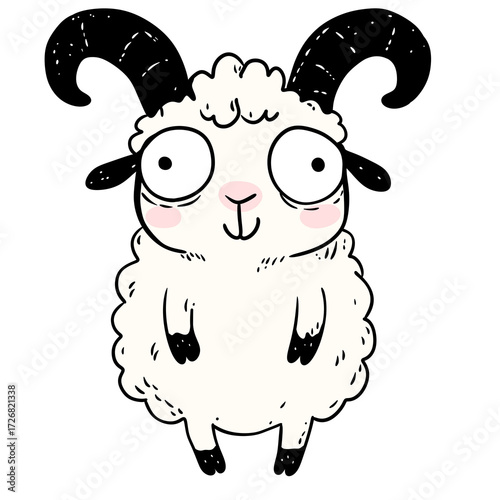 Sheep with big eyes on transparent background. Cute character for kid product and mascot design. Farm animal illustration.