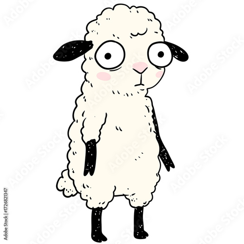 Sheep character with big eyes on transparent background. Farm animal illustration for kid book or greeting card.