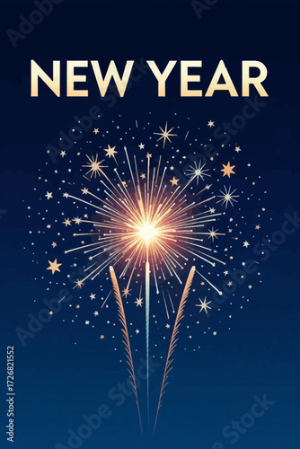 Dynamic New Year's Eve fireworks display with golden stars bursting on a dark blue background, celebrating the start of a new year