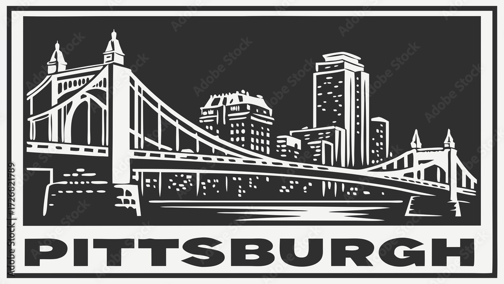 Fototapeta premium Pittsburgh skyline vector depicts cityscape in black and white. Suitable for posters, postcards, websites, and promotional materials.