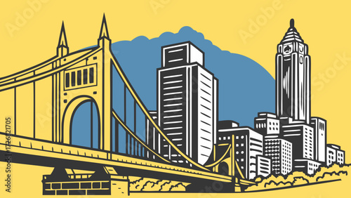 Pittsburgh skyline vector city with bridge illustration  ideal for travel brochures, city guides, postcards, and tourism websites. Landmark and architecture design.