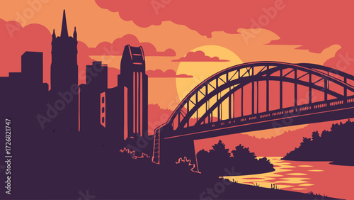 Pittsburgh skyline vector with golden sunset silhouettes iconic bridge landscape reflecting in the river. Suitable for travel brochures, posters, prints.