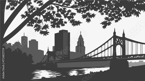 Pittsburgh cityscape vector artwork with skyline, bridge, trees. Suitable for travel, tourism, urban themes, prints, posters, merchandise, digital media.