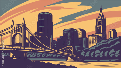Pittsburgh skyline vector with portlands bridge. Perfect for citythemed designs. Ideal for posters, postcards, websites, and promotional materials.